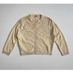 Vtg 50s 60s Ivory Beaded Floral Wool Cardigan Sweater / Sz S/M Retro Pin Up Glam